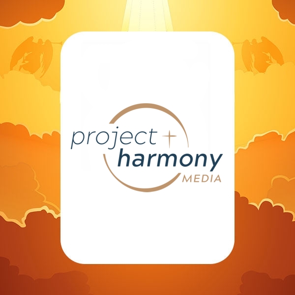 Project Harmony Media logo on a background of layers of warm, orange clouds.