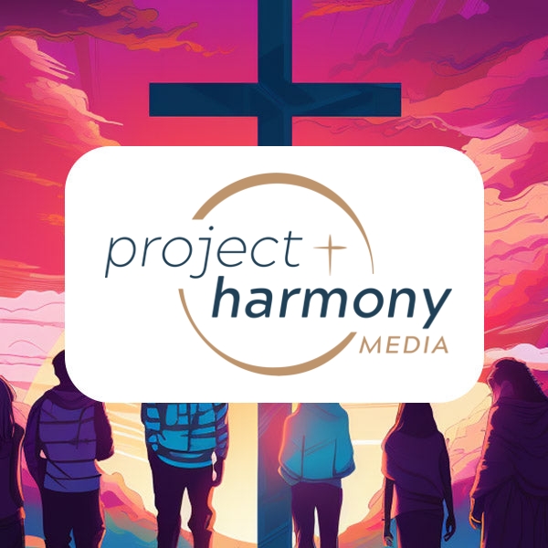 Project Harmony media logo in front of a cross surrounded by modern young people looking reverently at the cross.